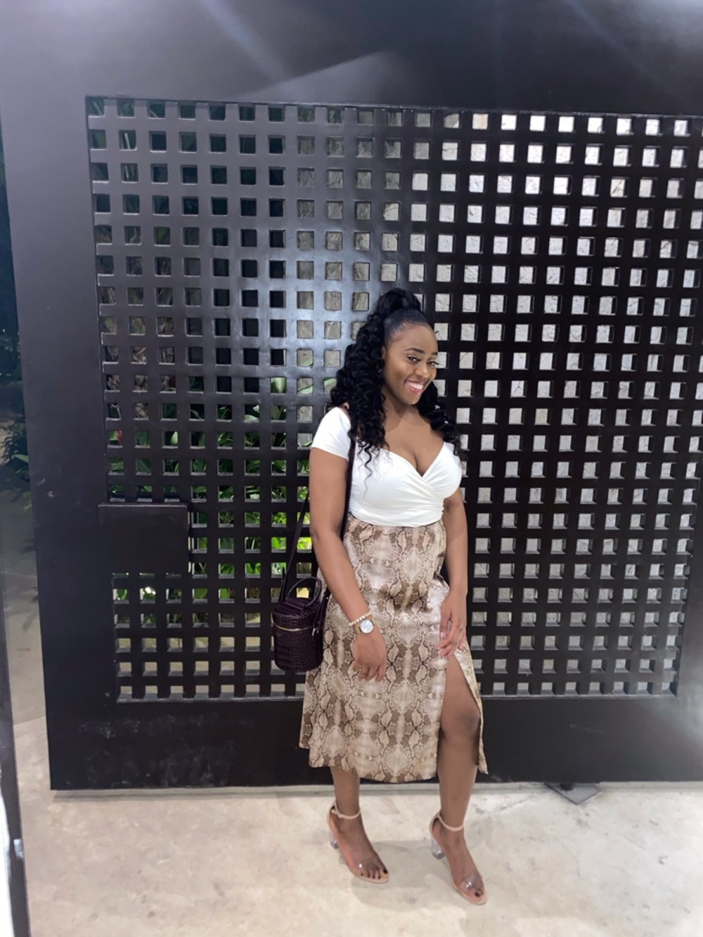 New York & Company Snake-Print Brown Midi Skirt with Side Slit